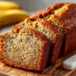 Sliced classic moist banana bread on a wooden cutting board