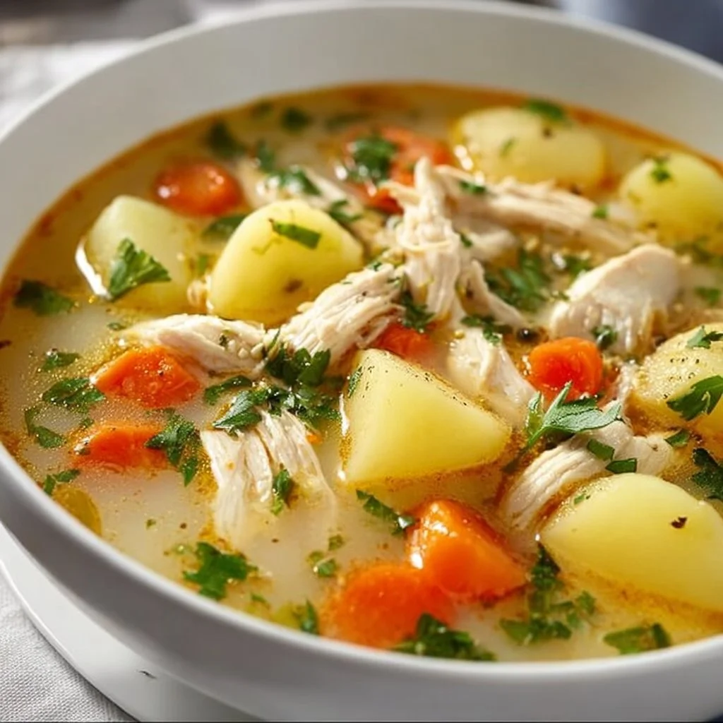 Bowl of comforting chicken soup garnished with fresh herbs