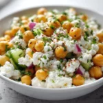 Cottage Cheese and Chickpeas Salad in a colorful bowl with fresh vegetables