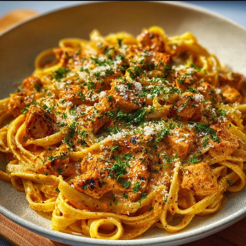 Delicious Cowboy Butter Chicken Pasta topped with herbs and spices.