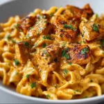 Delicious Cowboy Butter Chicken Pasta dish served with garnish