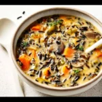 Bowl of cozy autumn wild rice soup garnished with herbs and vegetables