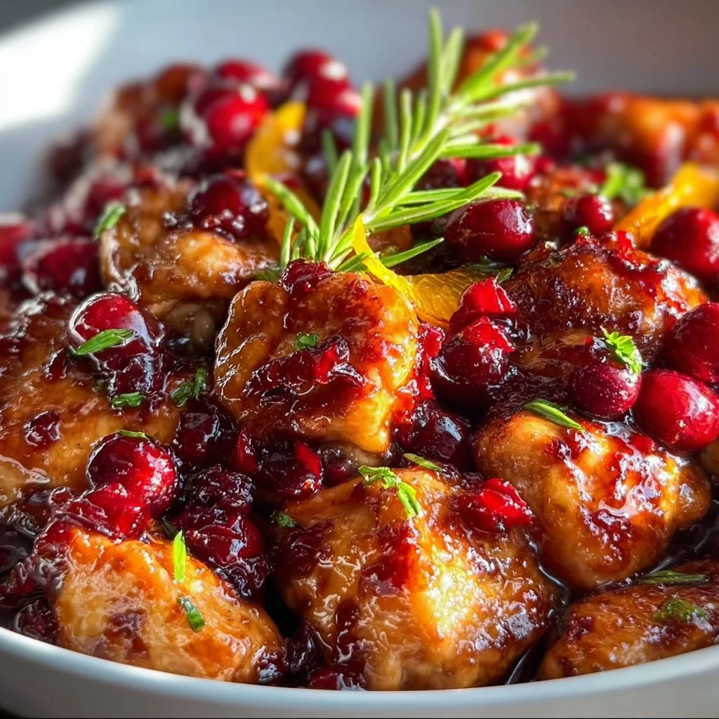Plate of Cranberry Orange Chicken garnished with herbs and orange slices.