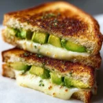 Creamy avocado grilled cheese sandwich with melted cheese on toasted bread