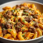 Creamy Beef Pasta dish served in a bowl with fresh herbs