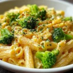 Creamy broccoli pasta dish served in a bowl