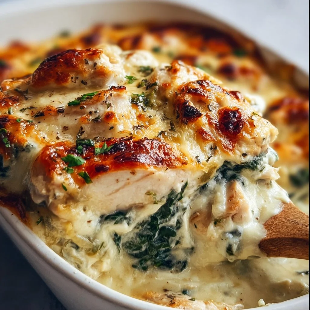 Delicious creamy chicken and spinach casserole in a baking dish
