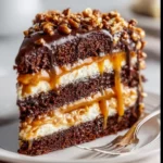 Creamy chocolate caramel toffee crunch cake garnished with toffee bits