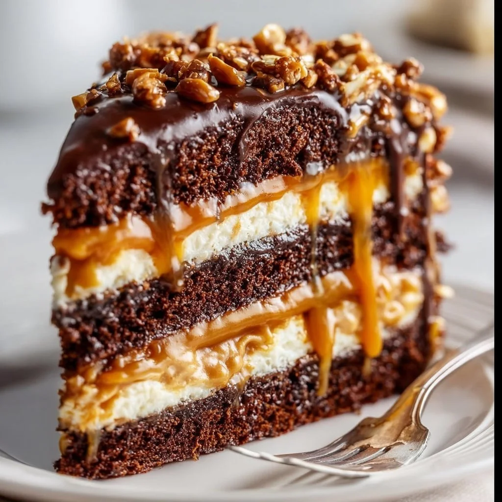 Creamy chocolate caramel toffee crunch cake garnished with toffee bits