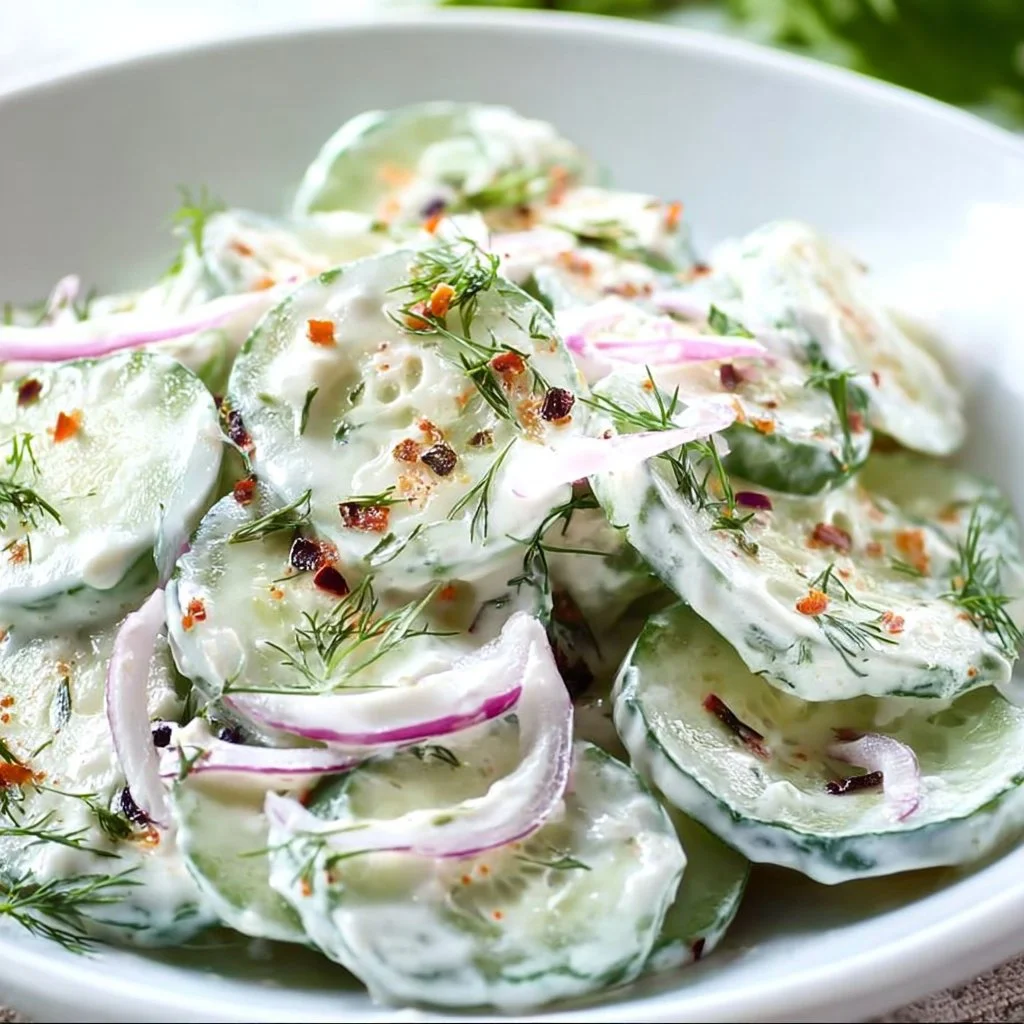 Creamy cucumber salad with fresh vegetables and a tangy dressing
