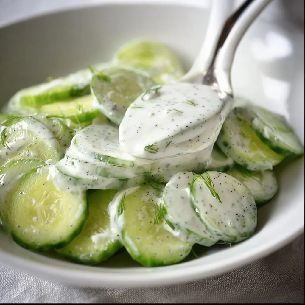 Creamy cucumber salad made with fresh cucumbers and a creamy dressing