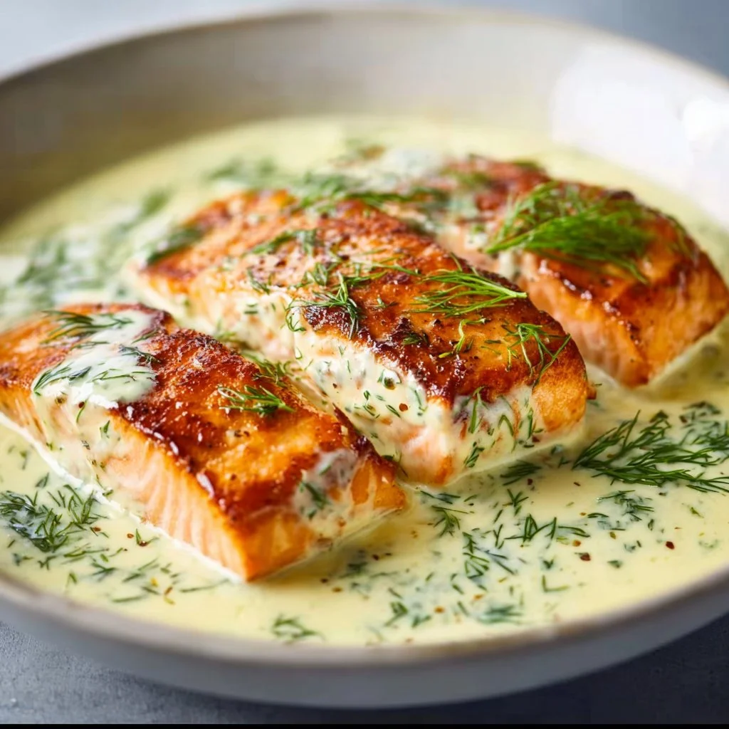 Delicious creamy dill salmon served with fresh vegetables on a plate