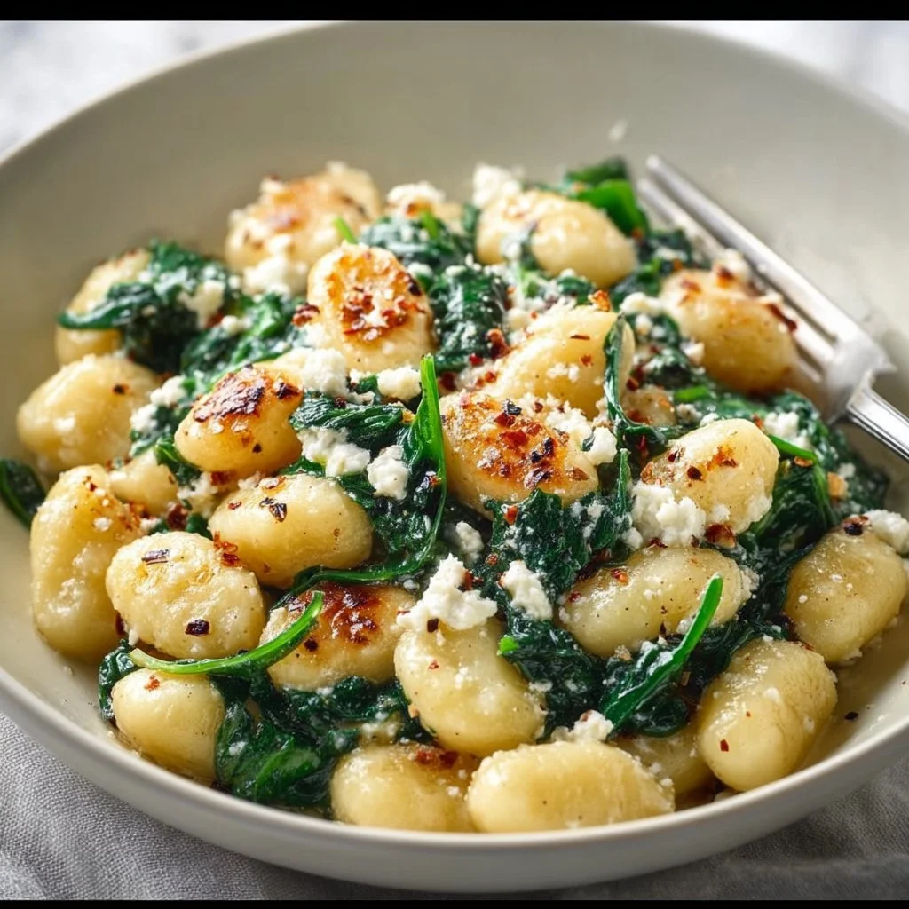 Creamy gnocchi dish with spinach and feta cheese garnished with herbs