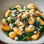 Creamy gnocchi dish with fresh spinach and crumbled feta cheese