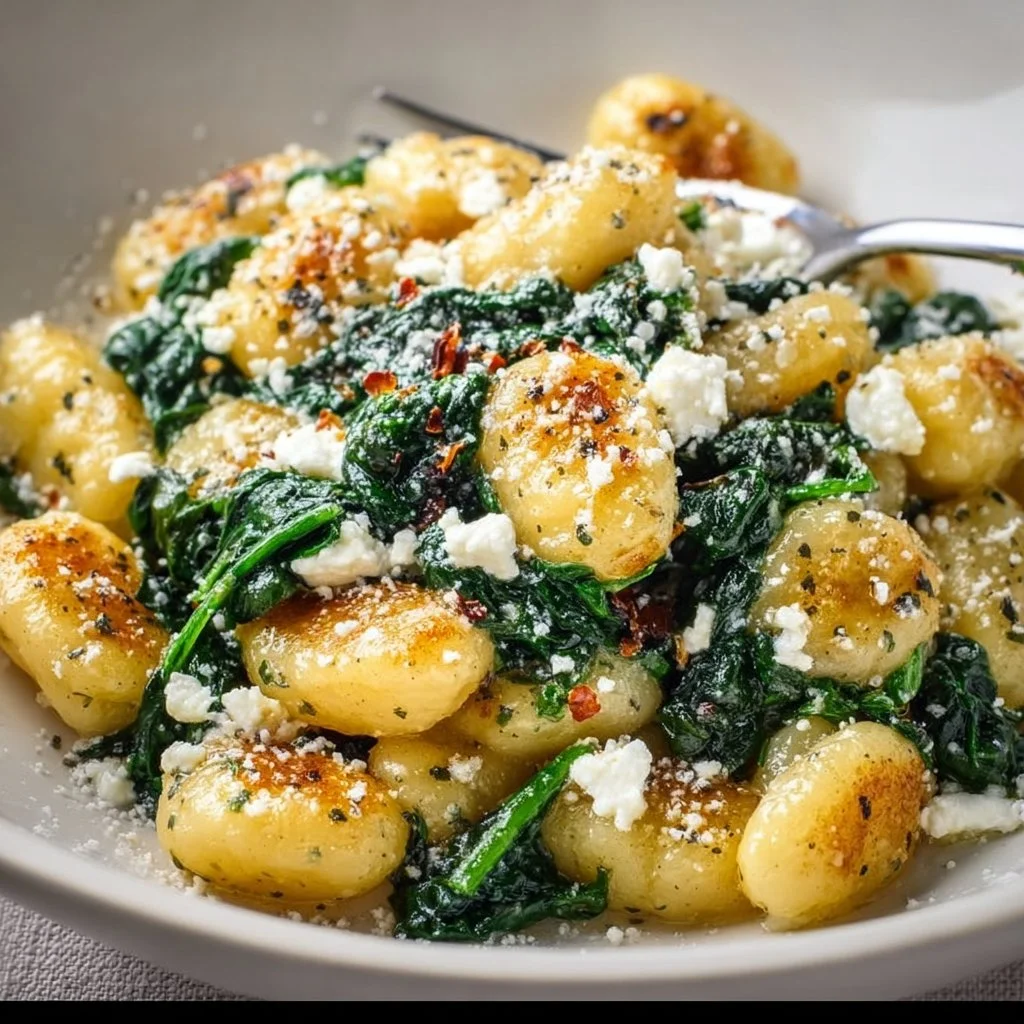 Creamy gnocchi dish with spinach and feta cheese, garnished for presentation