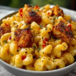 Delicious creamy honey pepper chicken mac and cheese topped with fresh herbs