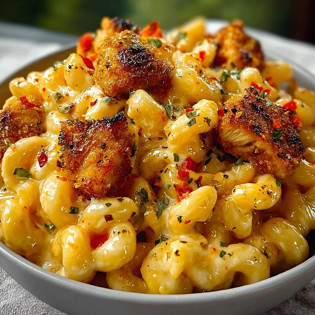 Delicious creamy honey pepper chicken mac and cheese topped with fresh herbs