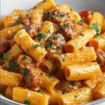 Creamy Italian sausage rigatoni served in a bowl, garnished with parsley