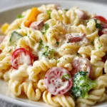 Delicious creamy pasta salad with colorful vegetables in a bowl