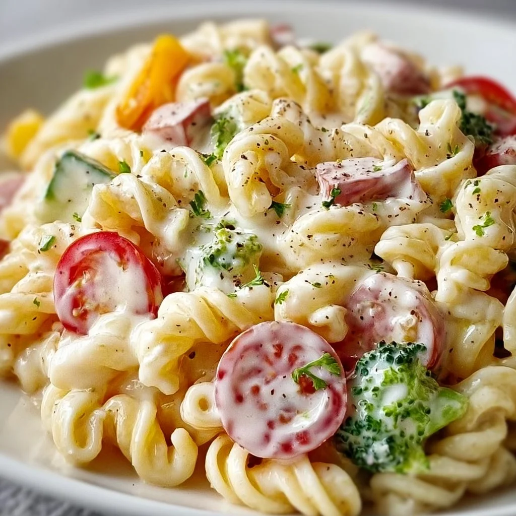Delicious creamy pasta salad with colorful vegetables in a bowl