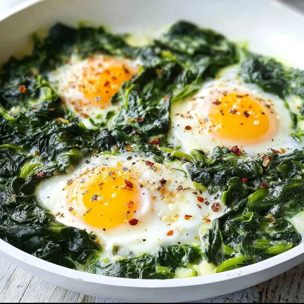 Creamy spinach and eggs dish served on a plate