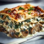 Creamy spinach and mushroom lasagna baked to perfection with layers of flavor.