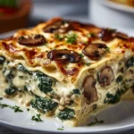 Creamy spinach mushroom lasagna served with a side salad.