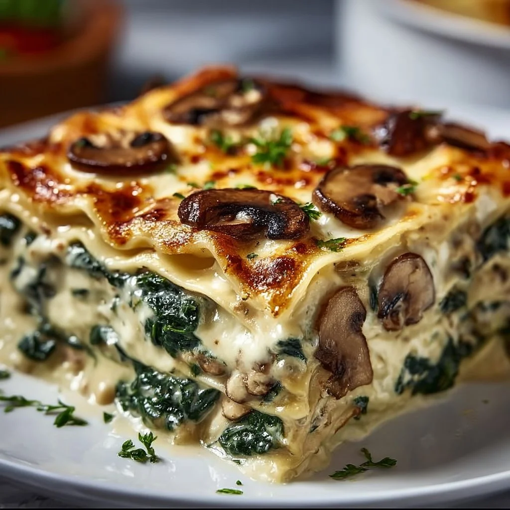 Creamy spinach mushroom lasagna served with a side salad.