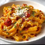 Creamy tomato garlic pasta served in a bowl with herbs and cheese
