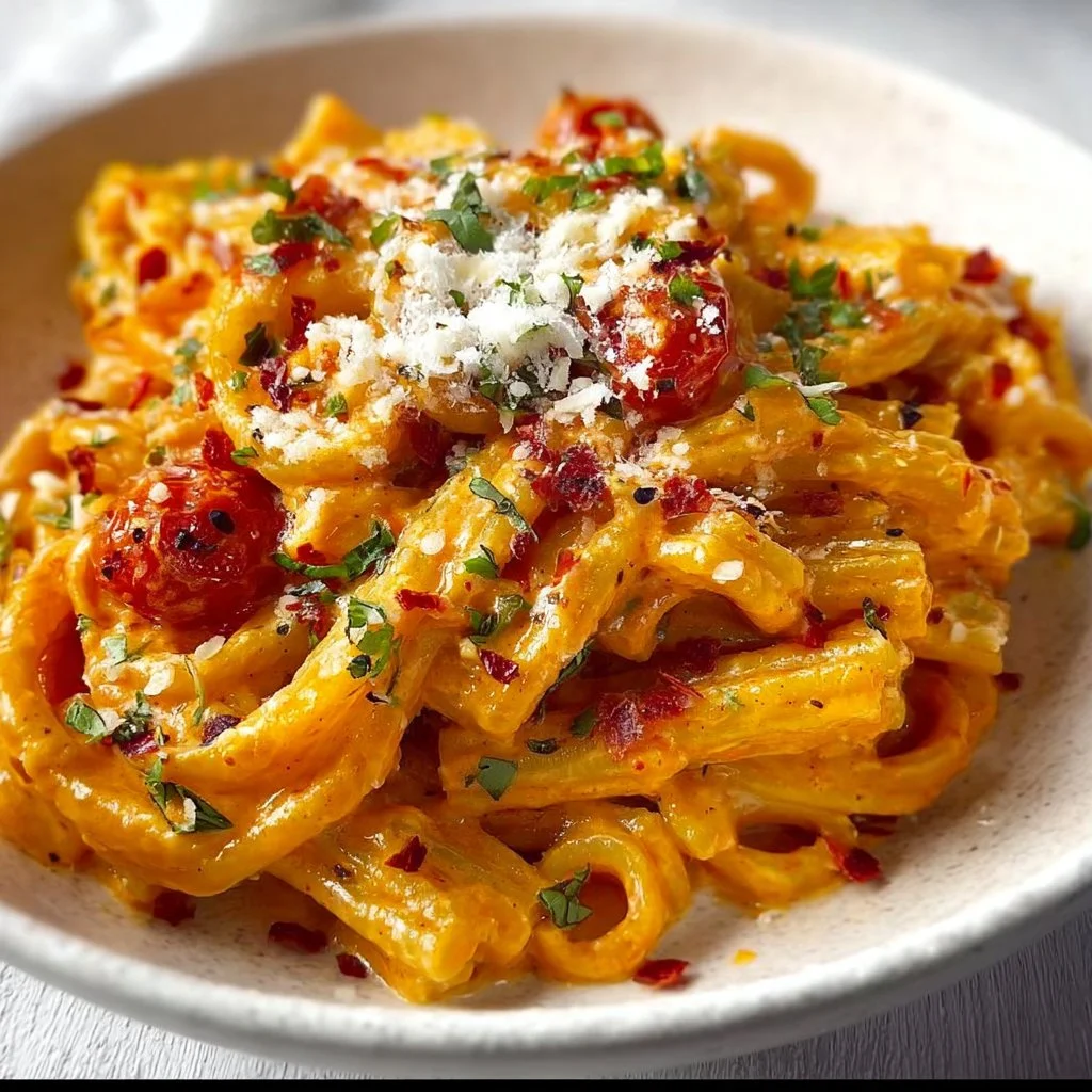 Creamy tomato garlic pasta served in a bowl with herbs and cheese