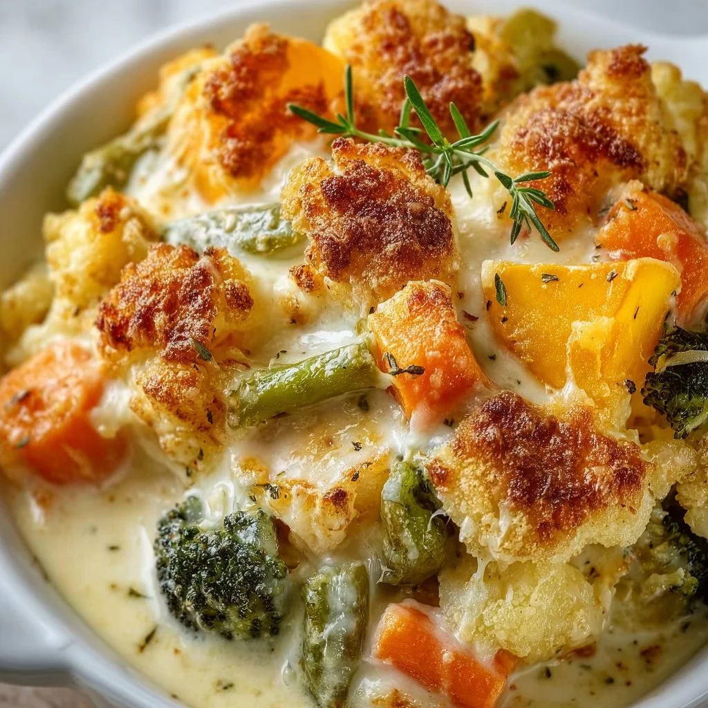 Creamy winter vegetable casserole loaded with fresh seasonal veggies