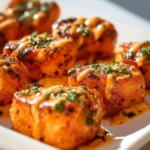 Crispy Bang Bang Salmon Bites served on a plate with dipping sauce