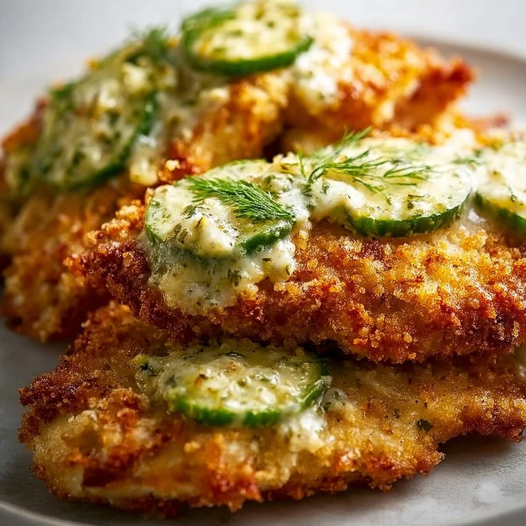 Crispy dill pickle parmesan chicken served on a plate