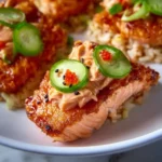 Crispy Rice Salmon served on a plate with vibrant garnishes