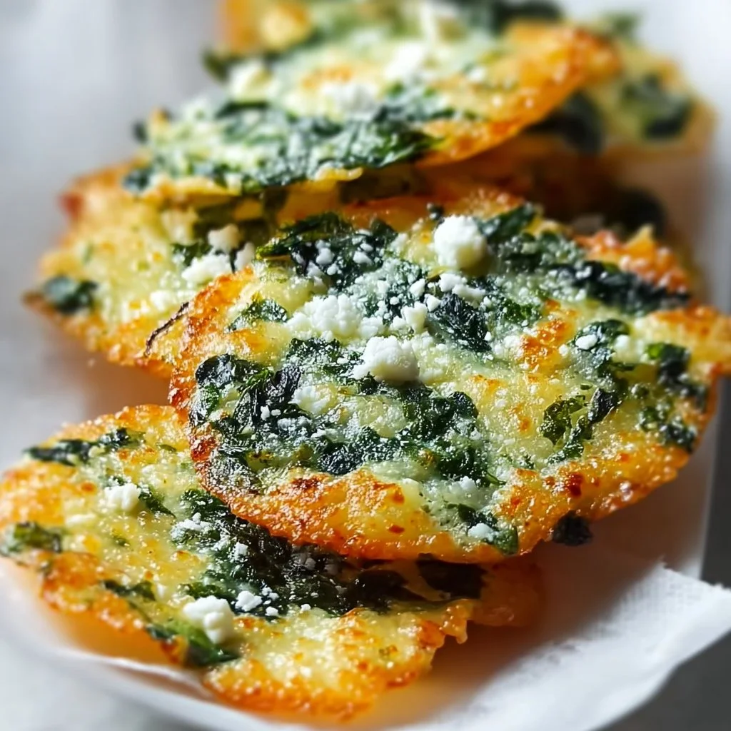 Plate of crispy spinach and feta crisps with herbs for flavor enhancement