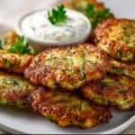 Plate of crispy zucchini fritters served with dipping sauce