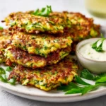 Plate of crispy zucchini fritters garnished with fresh herbs