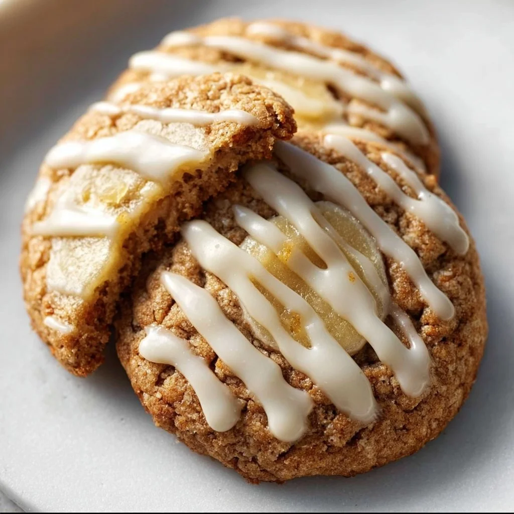 Delicious Crumbl banana bread cookies with cream cheese glaze on a plate