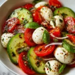 Fresh Cucumber Caprese Salad with mozzarella, basil, and tomatoes