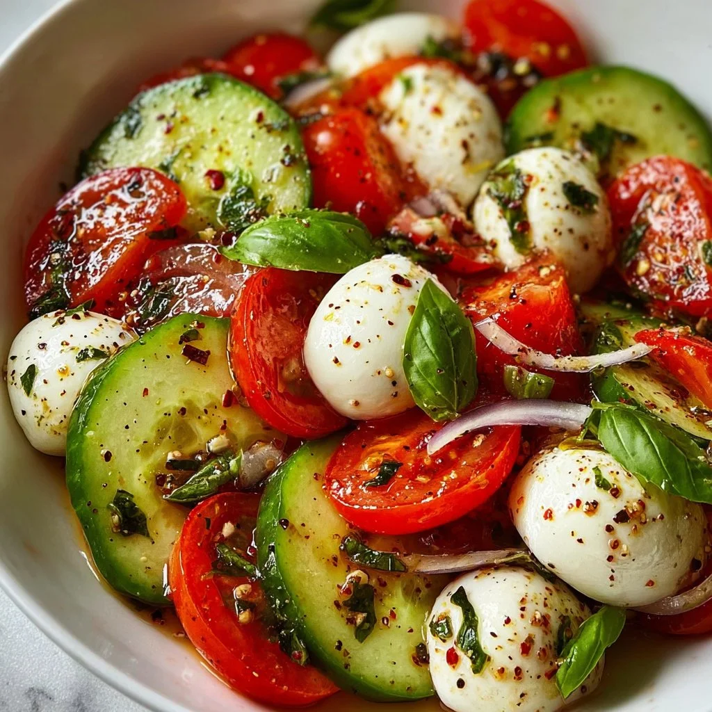 Fresh Cucumber Caprese Salad with mozzarella, basil, and tomatoes