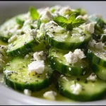 Cucumber Feta Salad 3 Cucumber feta salad with fresh ingredients served in a bowl