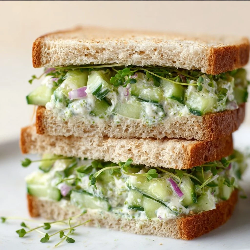 Cucumber salad sandwiches made with fresh vegetables and herbs