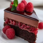 Delicious dark chocolate raspberry mousse cake with rich layers