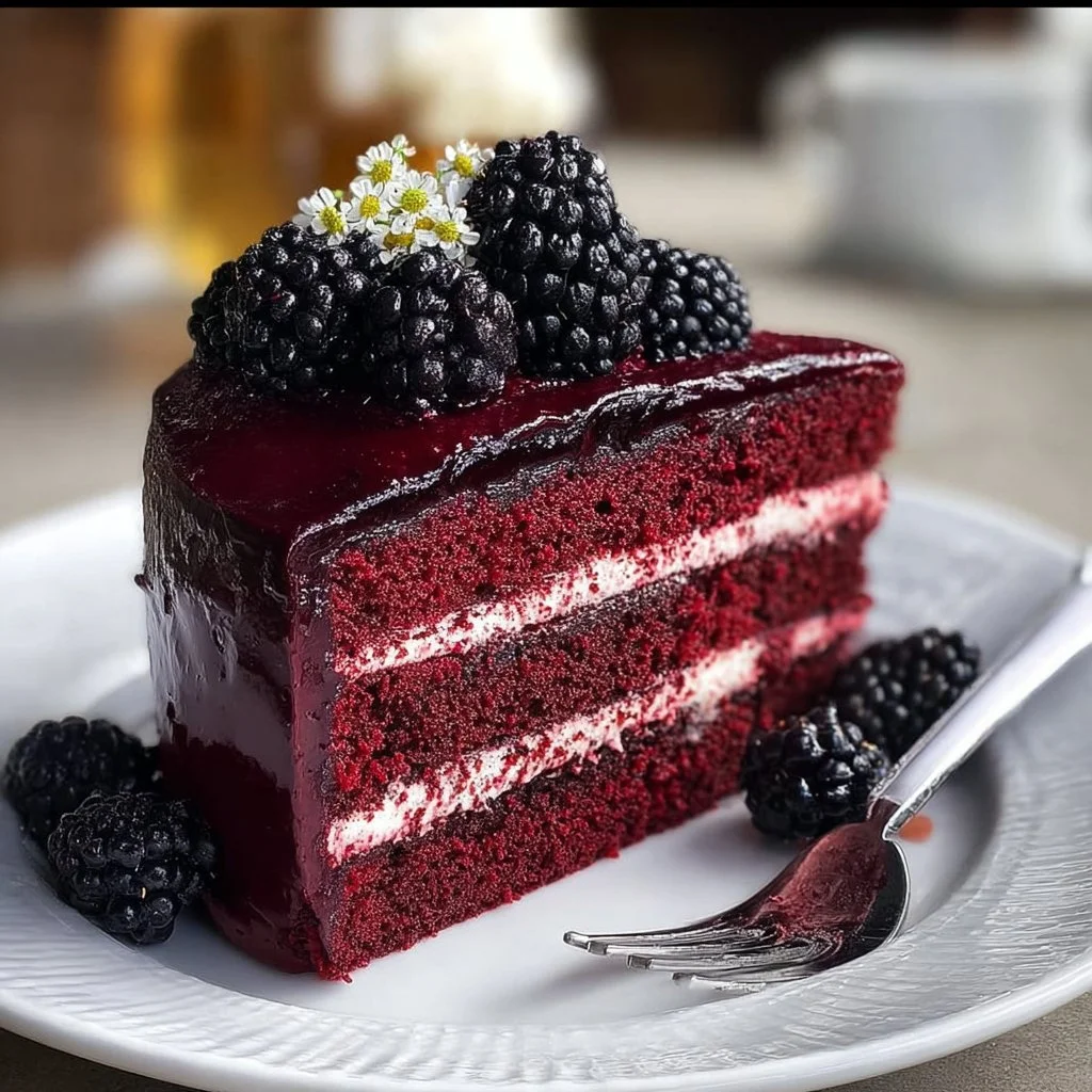 Decadent Blackberry Velvet Gothic Cake topped with fresh blackberries and cream