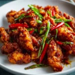 Plate of spicy Dragon Chicken served with vegetables and rice.