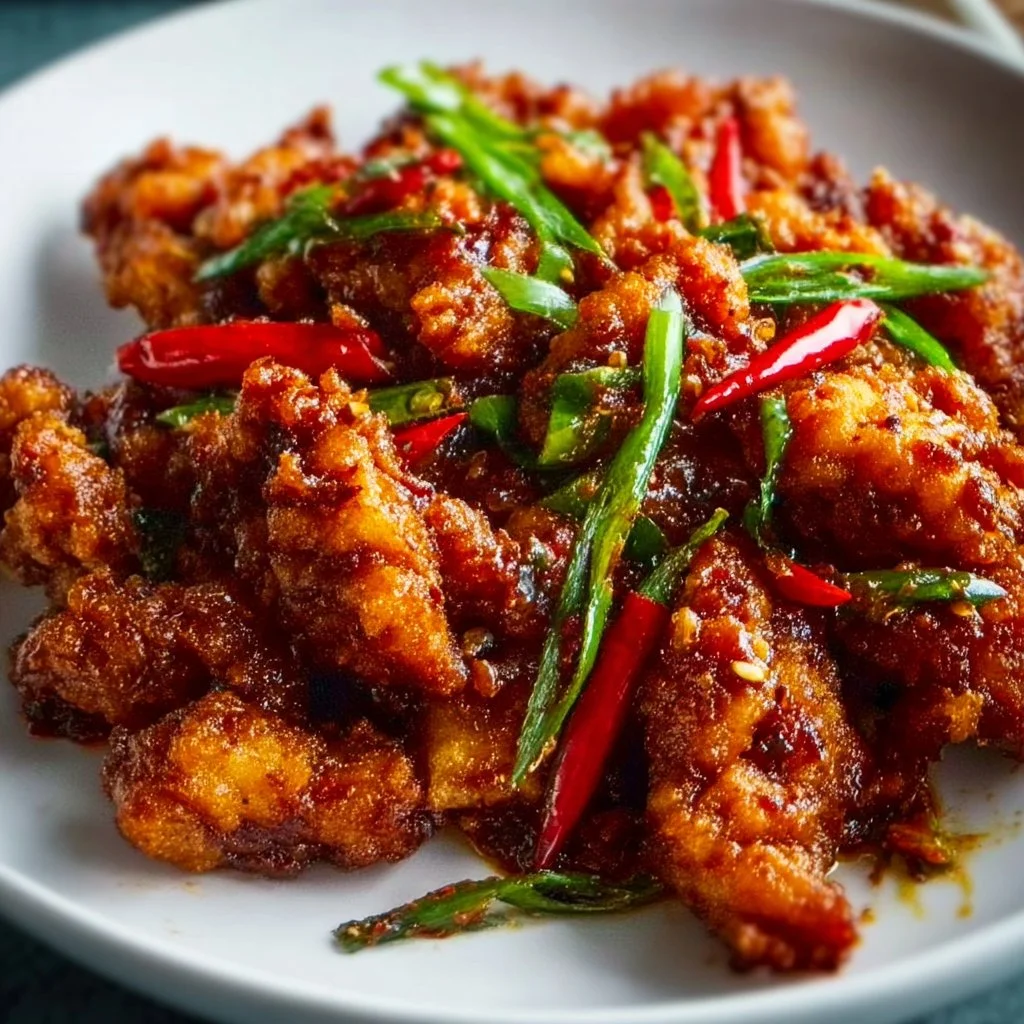 Plate of spicy Dragon Chicken served with vegetables and rice.