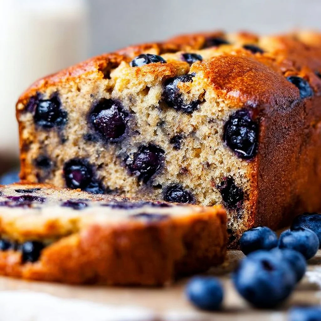 Healthy easy banana bread with blueberries, fresh from the oven.