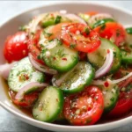 Easy marinated cucumber tomato onion salad in a bowl with fresh herbs