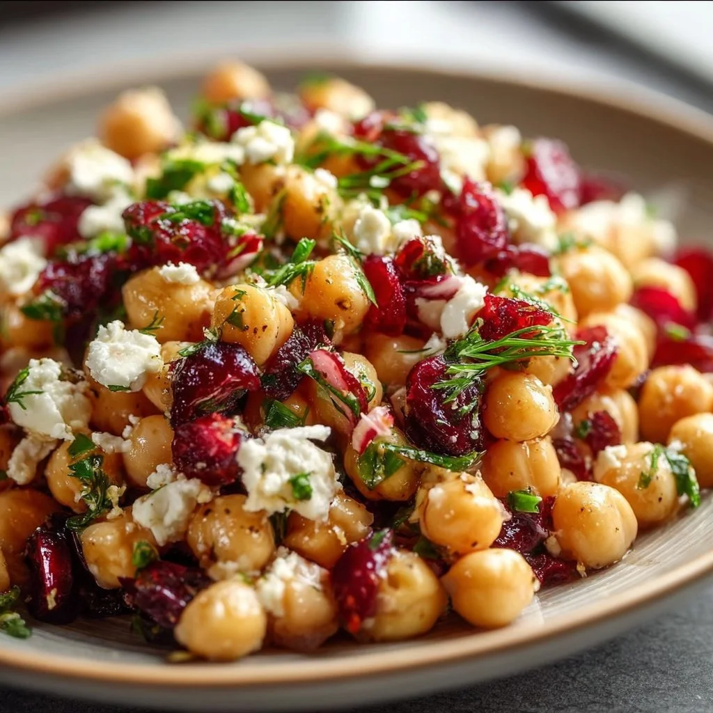Delicious Feta and Cranberry Chickpea Salad served in a bowl with fresh ingredients