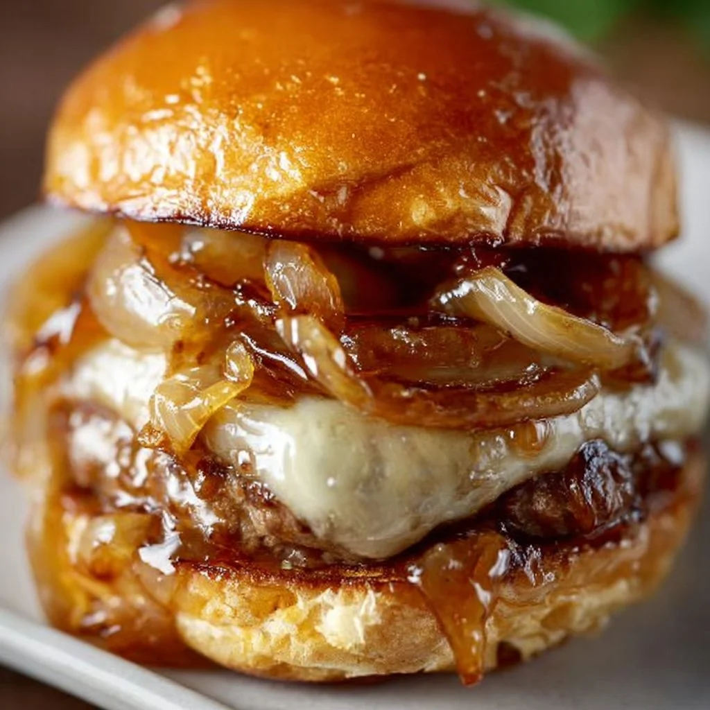 Delicious French Onion Burger with melted cheese and caramelized onions